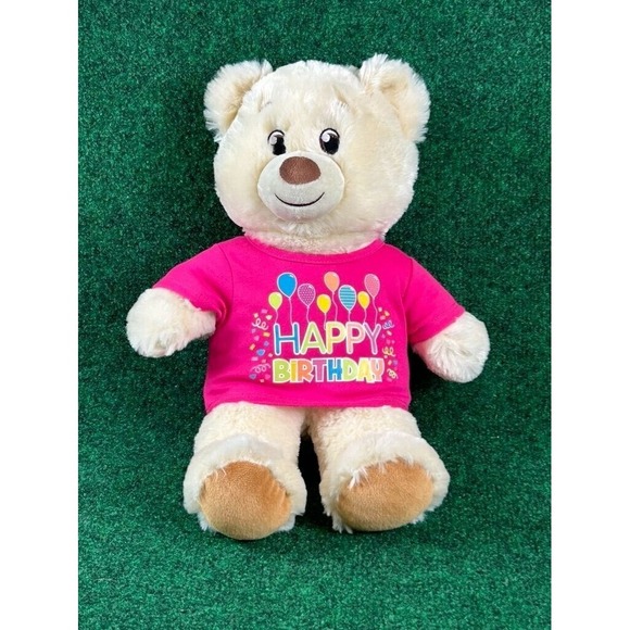 Build-A-Bear Other - Build-A-Bear Workshop Cream Teddy Bear Plush in‎ Pink "Happy Birthday" Shirt